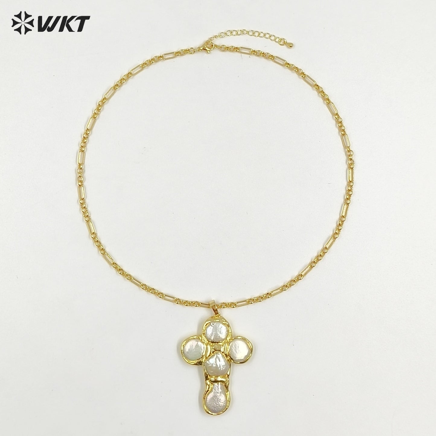 WT-JN330 Luxury Unique Chain With Gold Plated Round Natural Freshwater Pearls Cross Shape Pendant Necklace Wholesale Jewelry