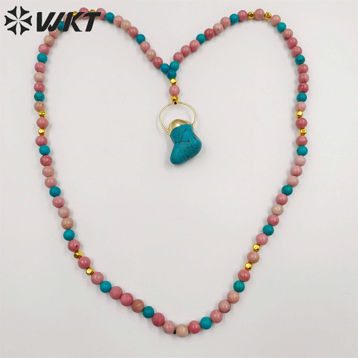 WT-N1410 Newest Fashion Handmade 30 Inch Long Sweater Chain Necklace Women Trendy Hot pink Opal Turquoise Beads Necklace