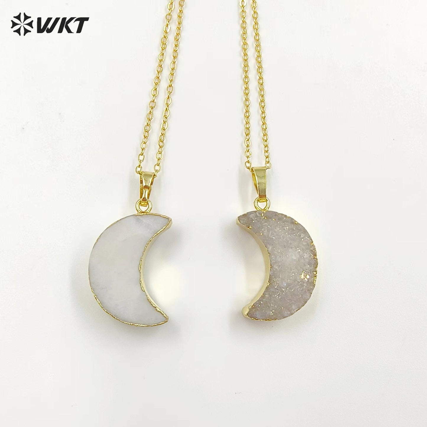 WT-N541 Lovely Natural Crystal Quartz Angel Druzy Crescent Moon Necklace with Gold Dipped Fashion Hot Gold Druzy Moon Necklace