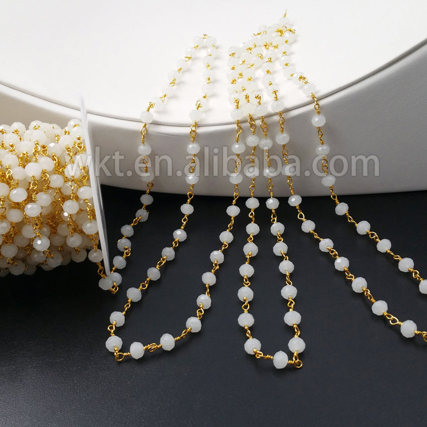 WT-RBC029 New!!! Natural Faceted White Jade Beads With 24k Real Gold Plated Rosary Chain,6mm Jade Link Chain for Jewelry Making