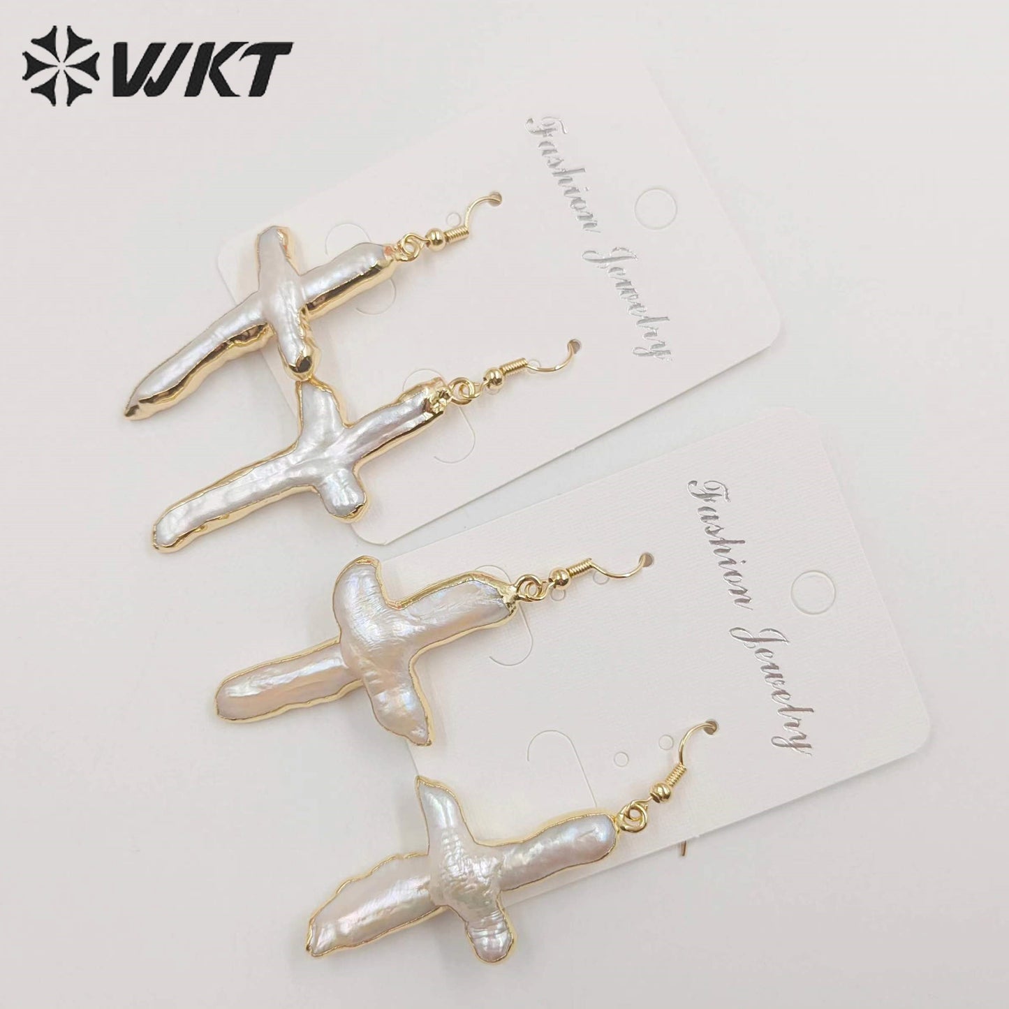 WT-E071 Super Hot Christian Religious Cross Earrings 18k Real Gold Plated Dangle Natural Freshwater Pearl Earrings for Wedding