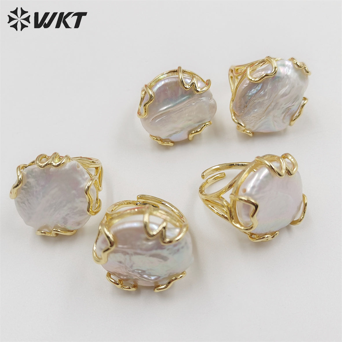 WT-MPR044 WKT Exclusive Gorgeous Handmade Claw Setting Natural Freshwater Pearl Ring Open Size Round Coin Pearl Ring