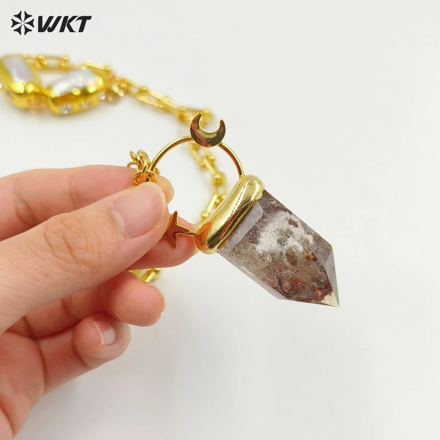 WT-JN255 Amazing WKT Unique Healing Energy Healing Quartz Stone With Real Pearl Beads Precious Pendant Necklace in 19 Inch Long