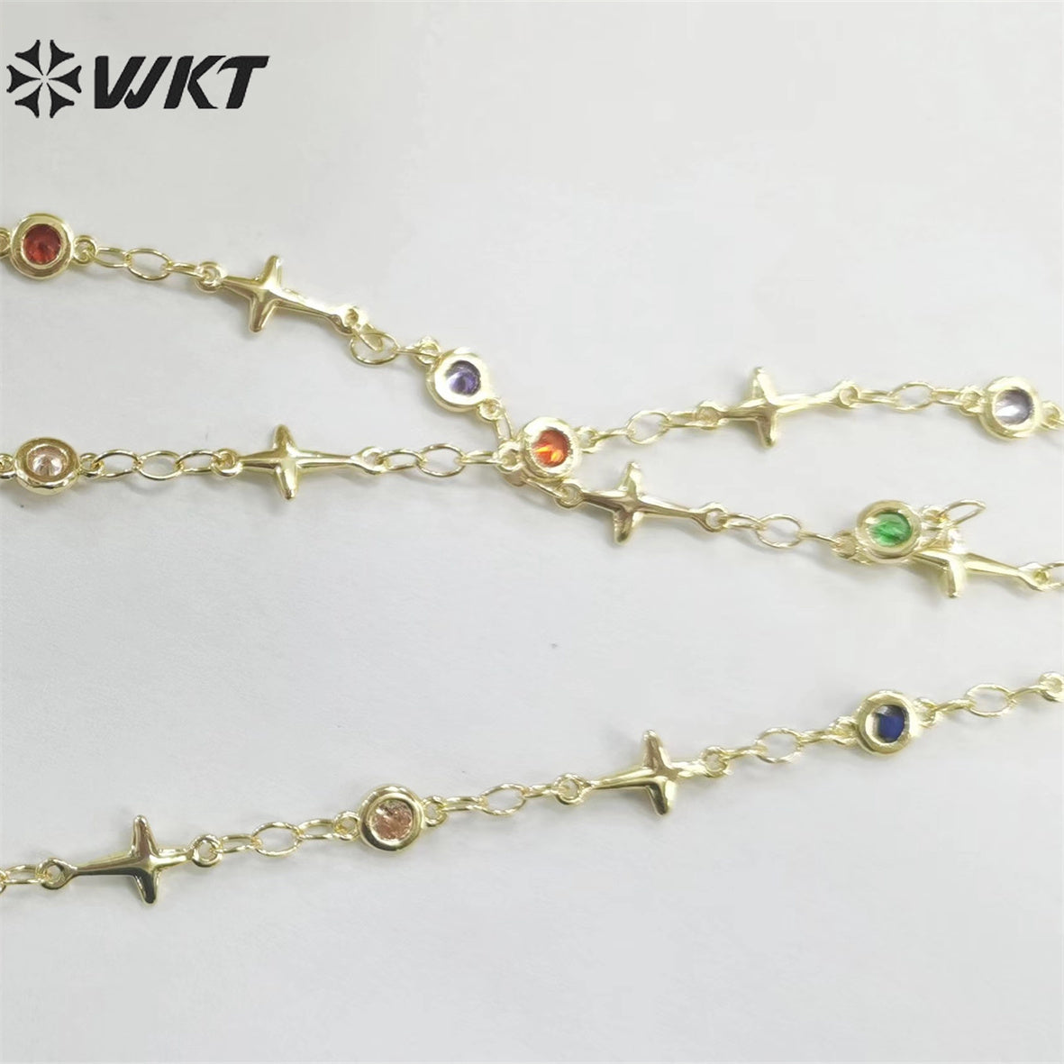 WT-RBC213 Fashion Gold Plated Colorful Cubic Zircon Cross Chain Religious Charming Jewelry DIY Making Chain for Bracelet