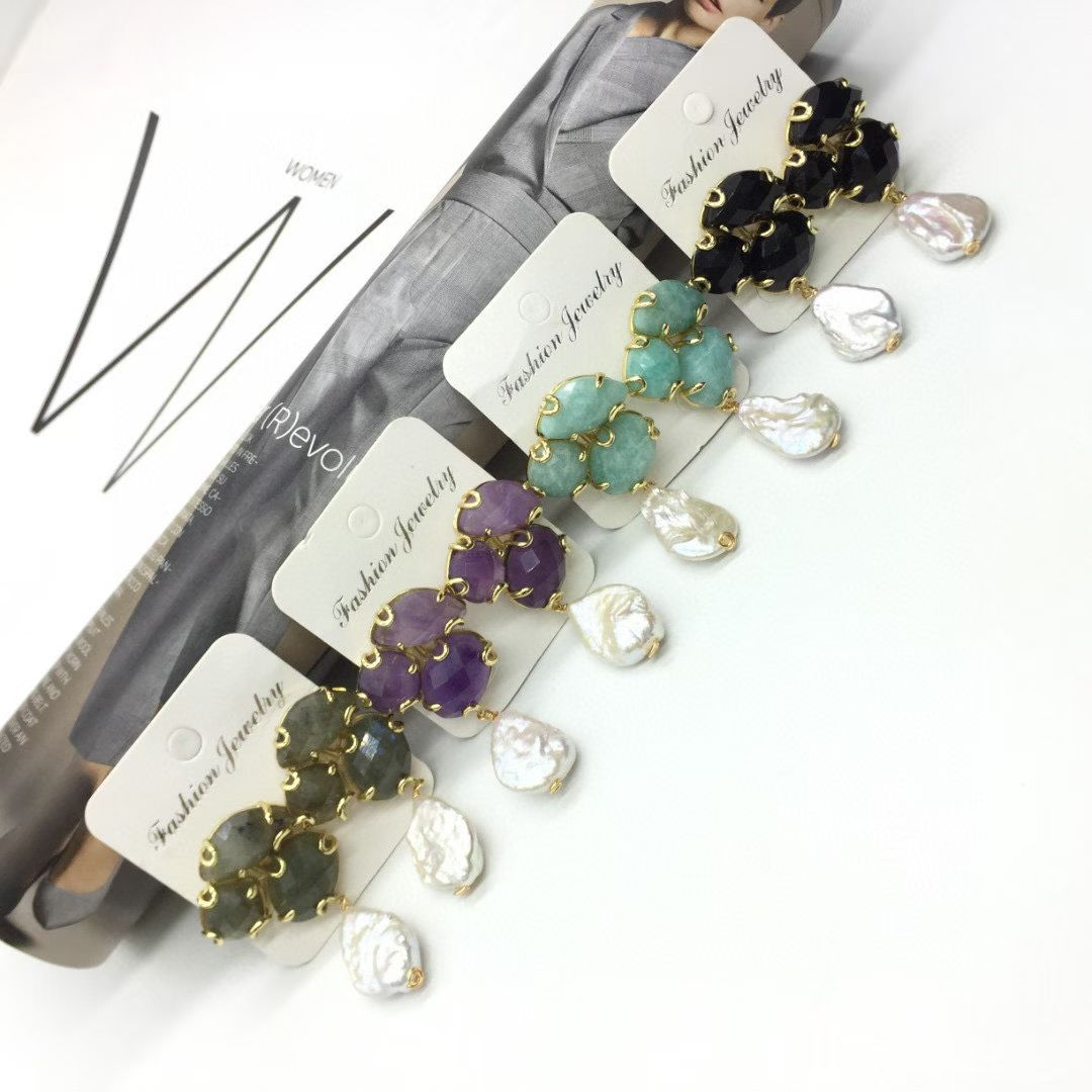 WT-MPE168 High Quality Handmade Three Natural Gemstones And Pearl Ladies Drop Earrings For Fashion Elegant Jewelry Gift