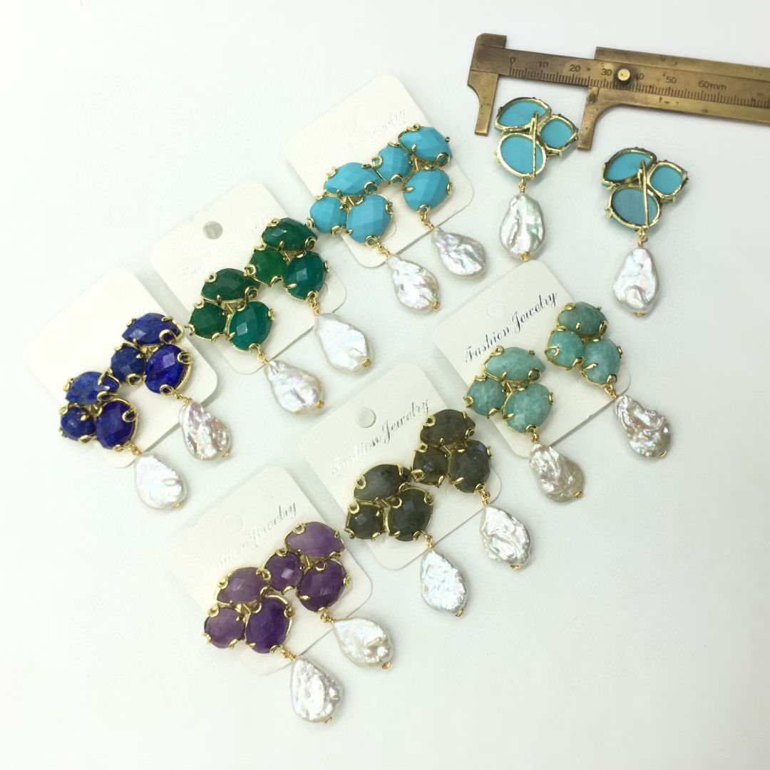 WT-MPE168 High Quality Handmade Three Natural Gemstones And Pearl Ladies Drop Earrings For Fashion Elegant Jewelry Gift