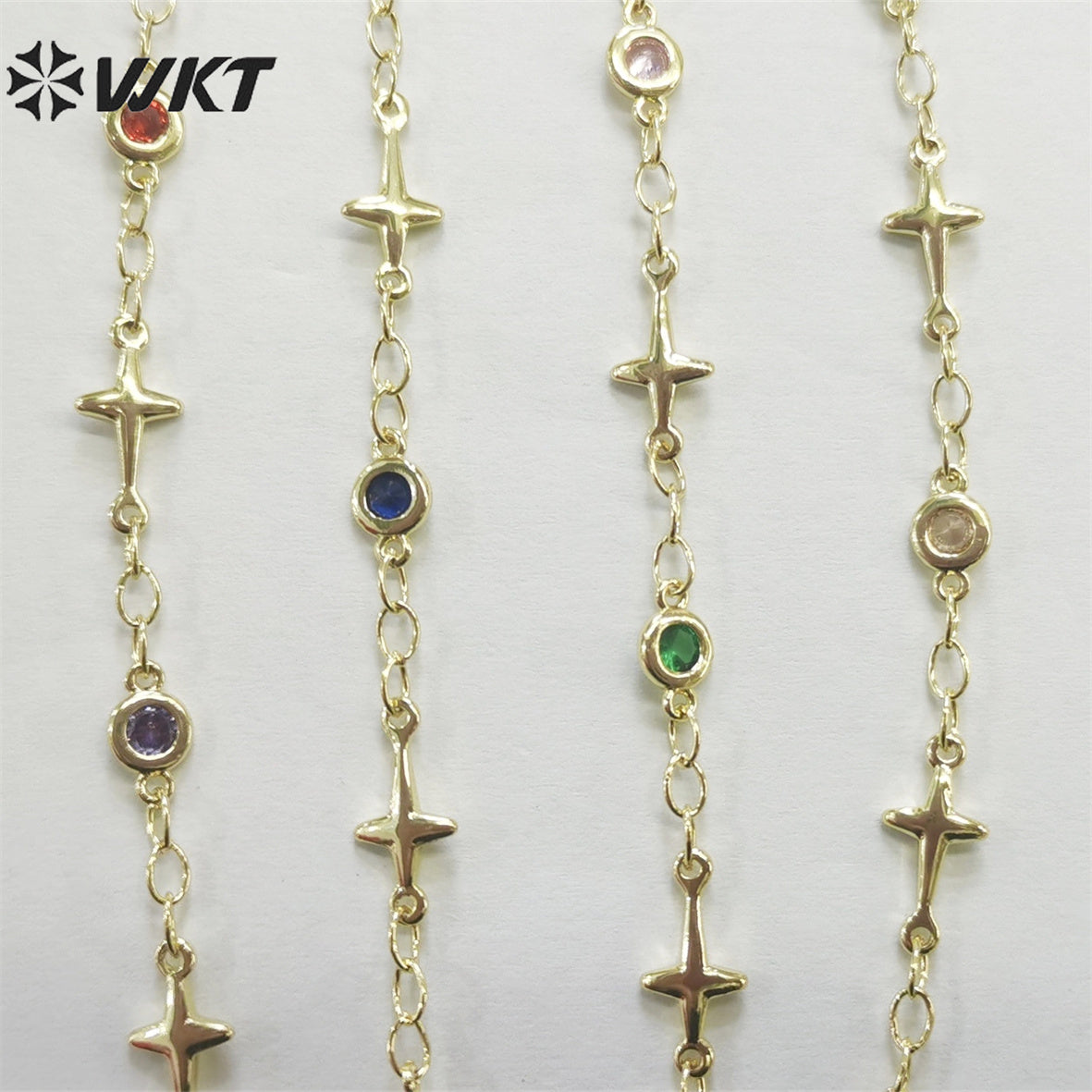 WT-RBC213 Fashion Gold Plated Colorful Cubic Zircon Cross Chain Religious Charming Jewelry DIY Making Chain for Bracelet