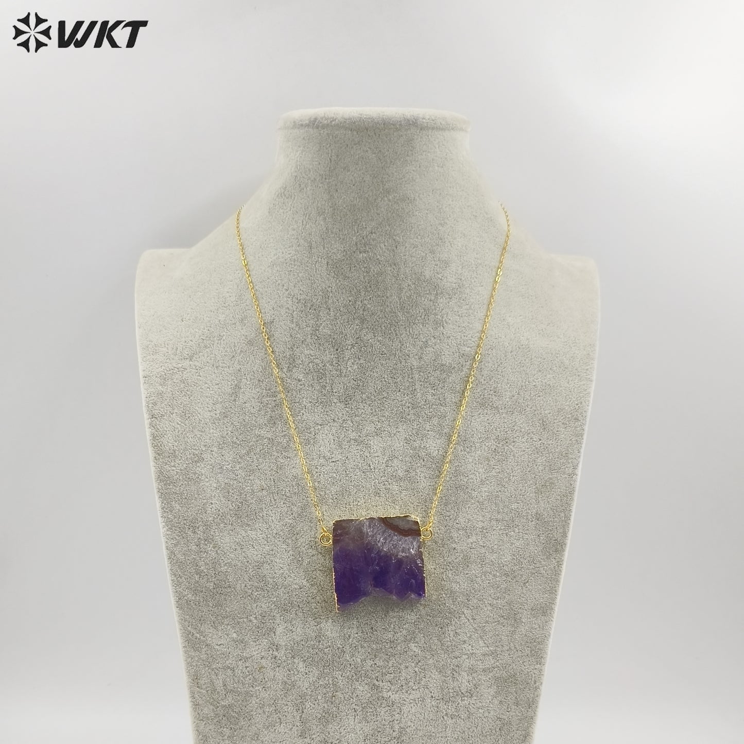 WT-N121 Amazing Unique Slice Natural Druzy Amethyst Stone Necklace With 18K Gold Plated on Trim Energy Gemstone Pendant