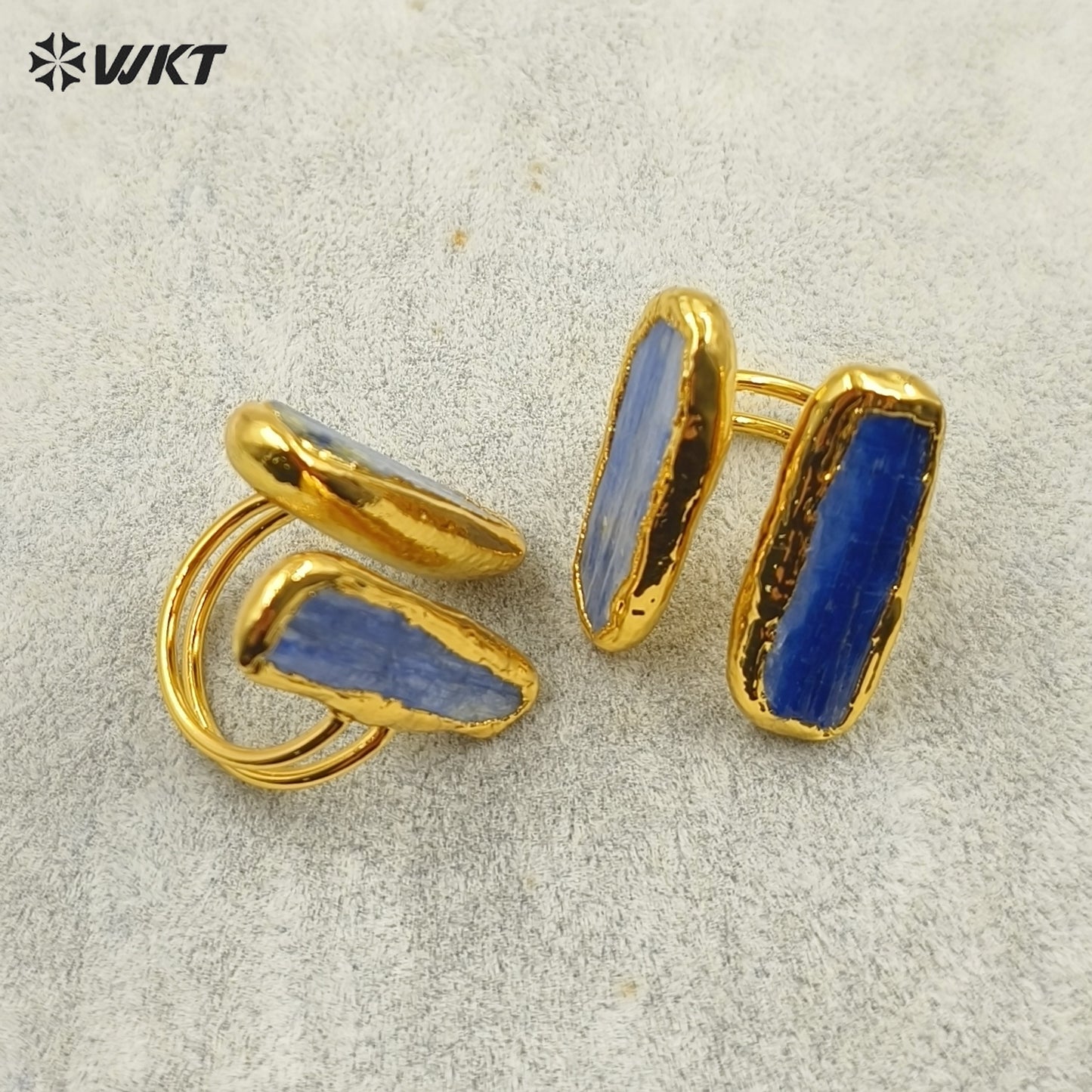 WT-R496 WKT New Design Fashion 18K Real Gold Plated Double Stone Blue Kyanite Ring in Open Size US7 Bohemian Style
