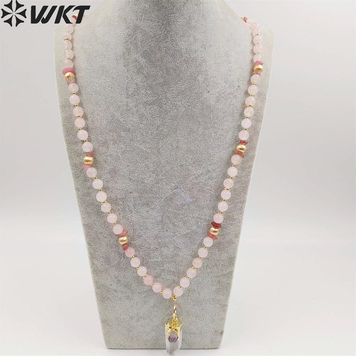 WT-N1411 WKT New Design Women Long Energy Pink Crystal Quartz Point Pendant Necklace Lucky Elegance Shirt Chain Necklace