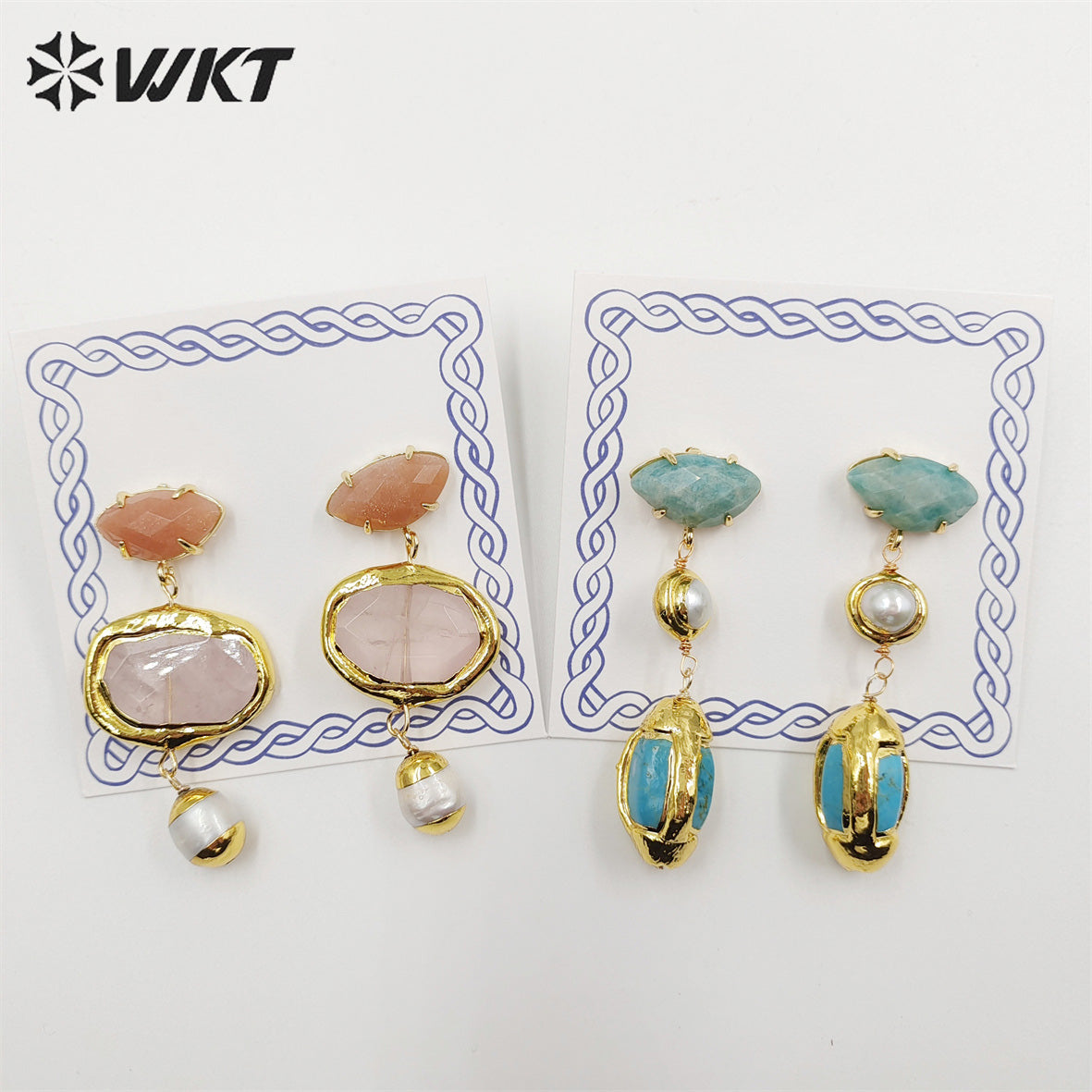 WT-E710 Wholesale Newest Fashion Gold Triple Stone Combined Earrings Women Wire Wrapped Handmade Gemstone Quartz Earrings