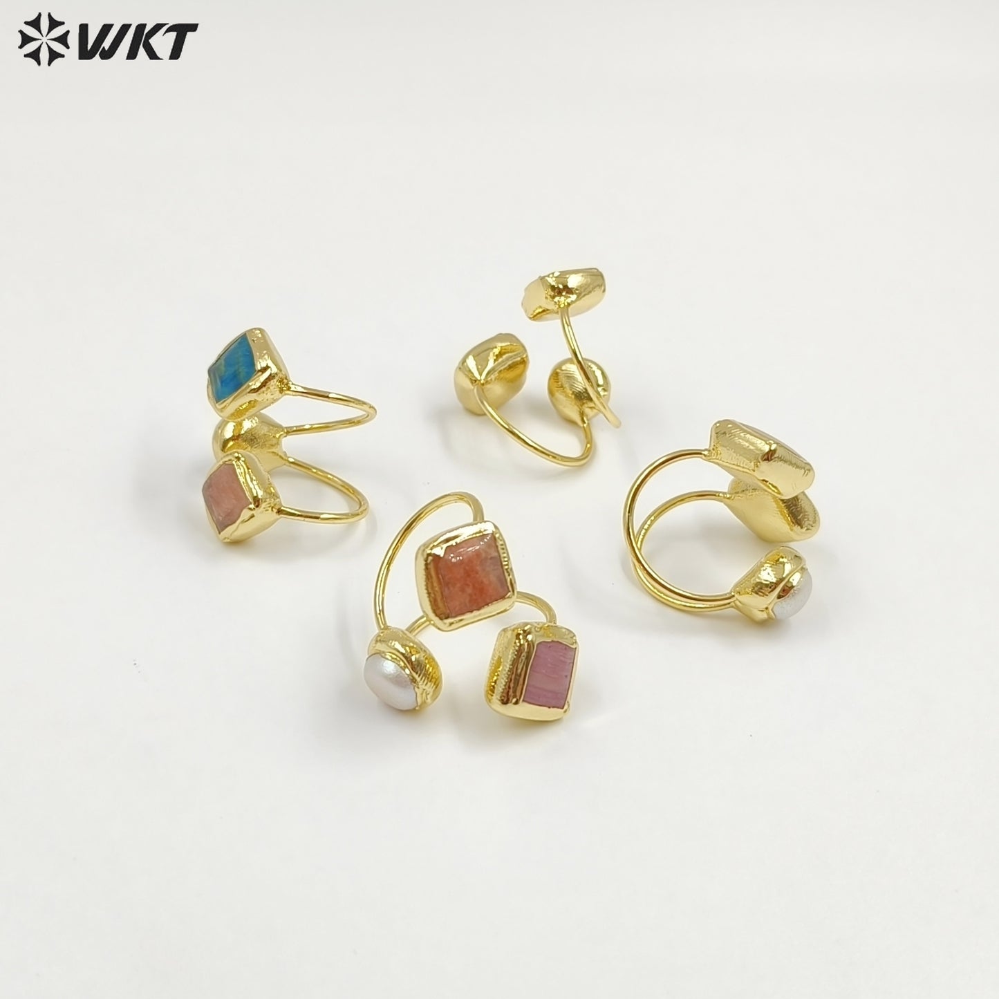 WT-R573 Wonderful Vintage Style 18K Gold Plated Double Natural Stones And Pearl Adjustable Women Rings As Party Present