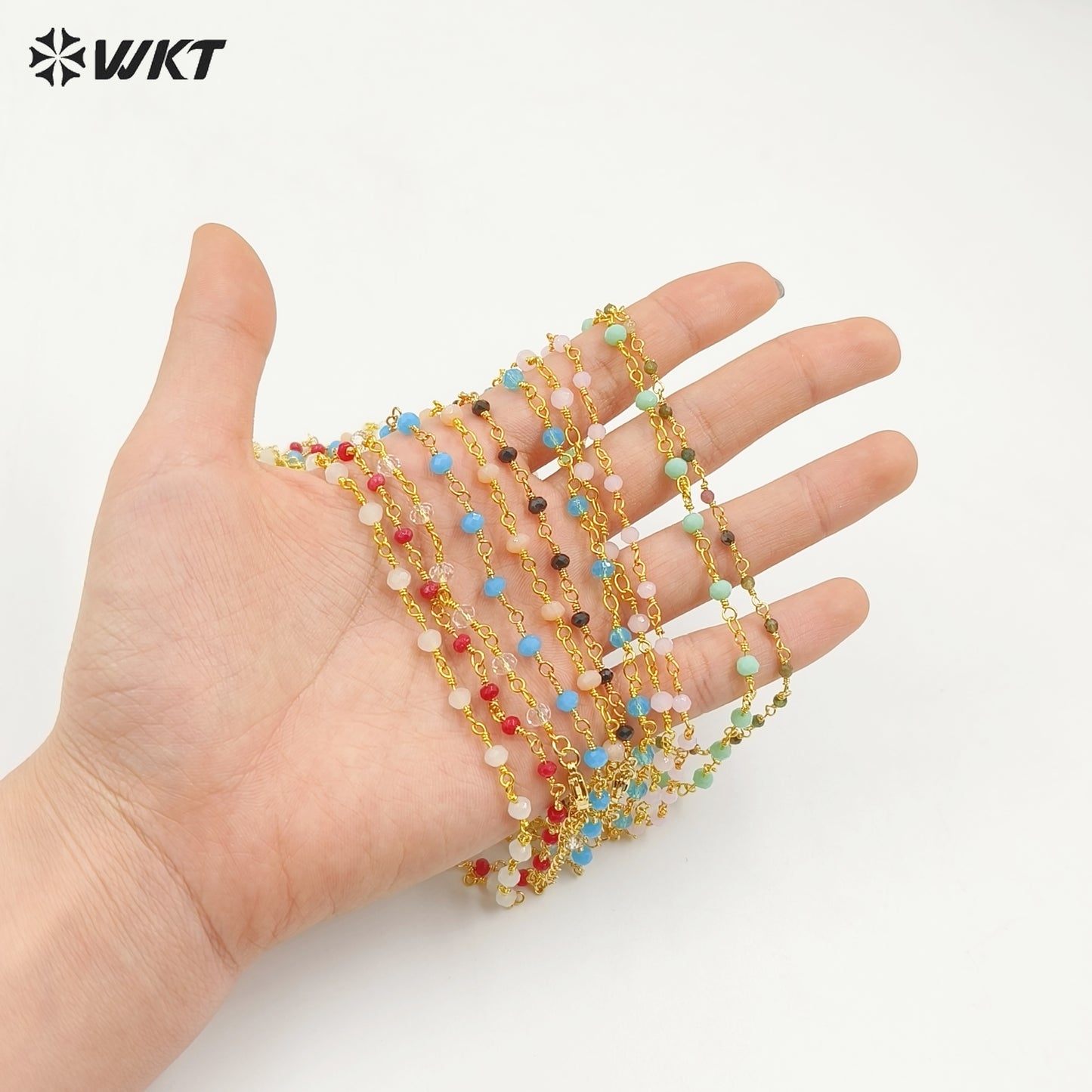 WT-BFN042 Wholesale 3mm Faceted Natural Gemstone Beads Necklace 16inch Long Resist Tarnishable Chain Necklace in 18k Gold Plated