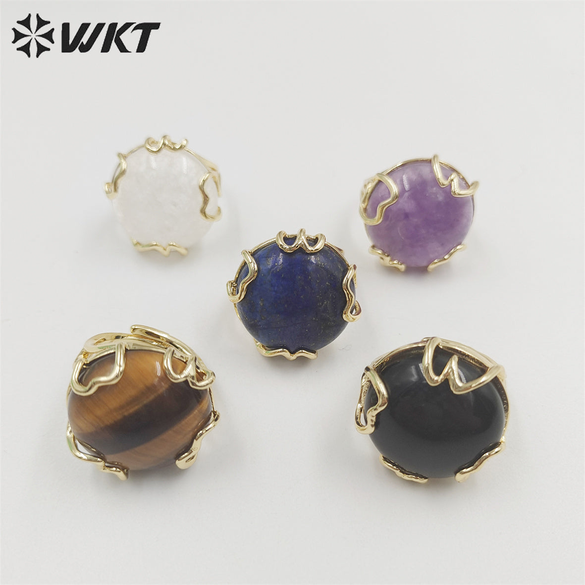 WT-R440 Wholesale Fashion 18k Real Gold Plated Resist Tarnishable Handmade Claw Setting Round Gemstone Ring in Adjustable Size