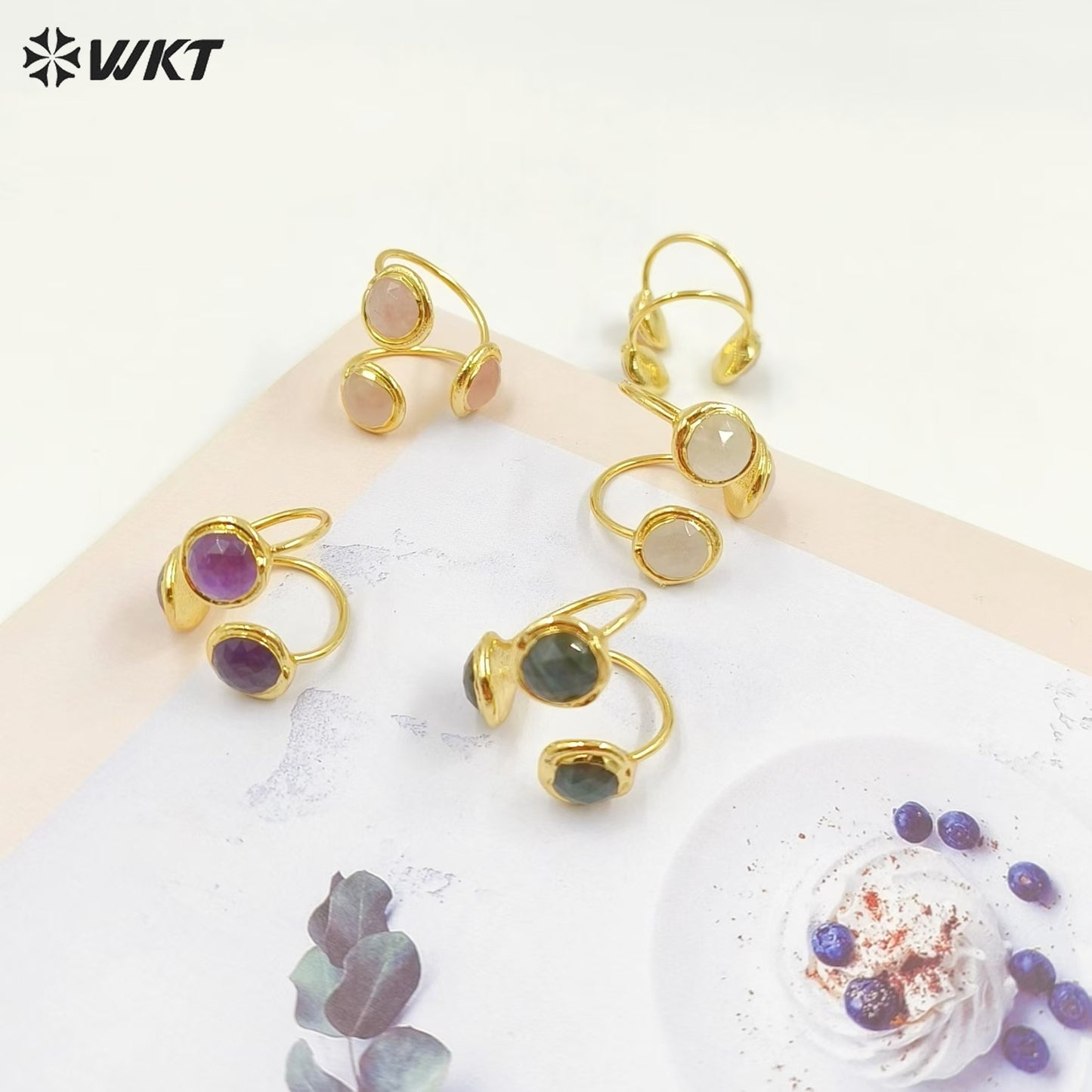 WT-R561 Beautiful Stylish 18K Gold Plated Round Opening Adjustable Natural Gemstone Cocktail Ring for Women Attending Party