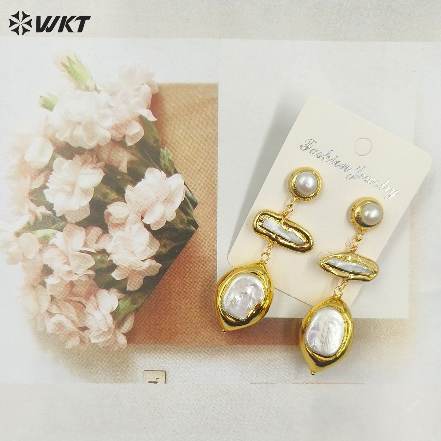 WT-MPE125 Wholesale Fashion 18k Gold Plated Resist Tarnishable Natural Freshwater Pearl Long Drop Dangle Earrings