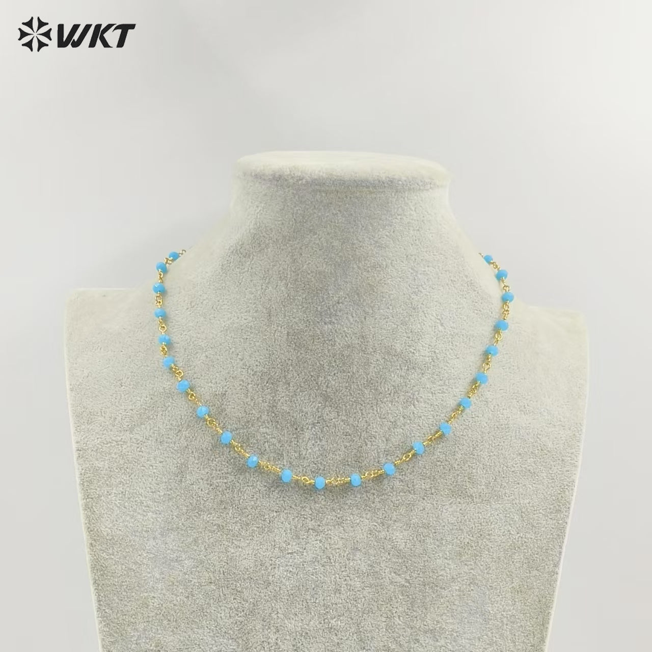 WT-BFN042 Wholesale 3mm Faceted Natural Gemstone Beads Necklace 16inch Long Resist Tarnishable Chain Necklace in 18k Gold Plated