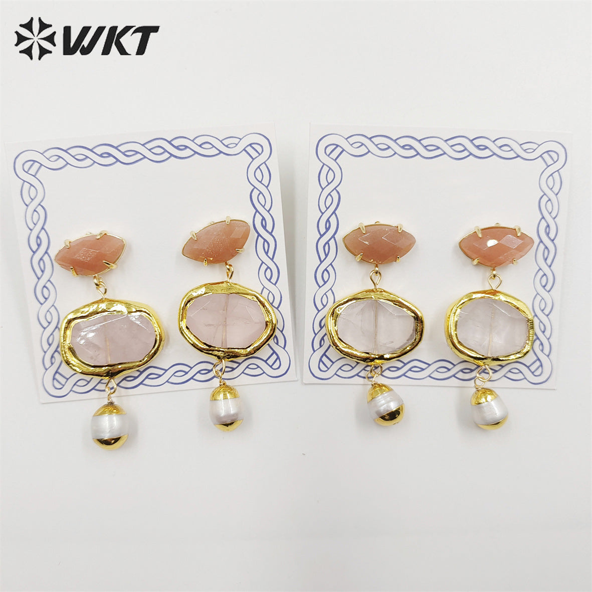 WT-E710 Wholesale Newest Fashion Gold Triple Stone Combined Earrings Women Wire Wrapped Handmade Gemstone Quartz Earrings