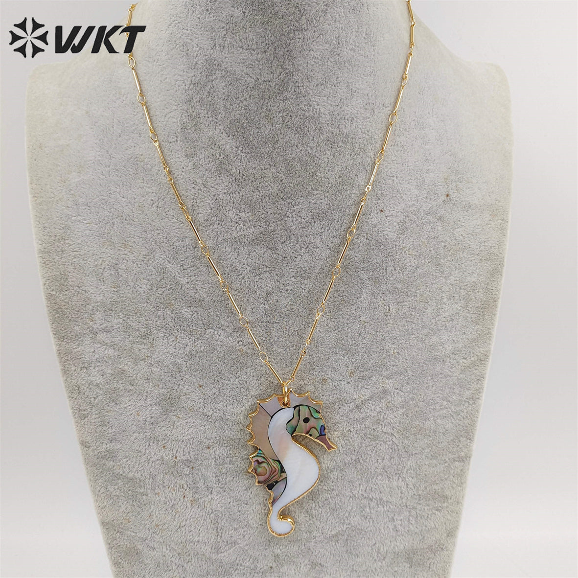 WT-N1069 WKT Wholesale New Fashion Stick Link Chain Jewelry Seahorse Shape Natural Abalone Shell Necklace