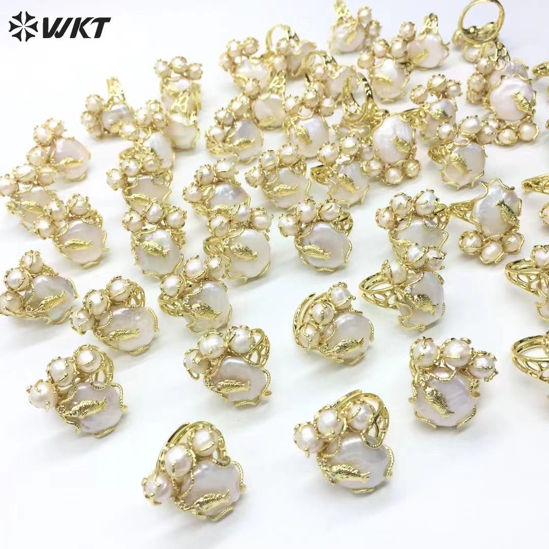 WT-MPR096 New Design 18K Real Gold Plated Resist Tarnishable Natural Freshwater Pearl Claw Setting With Fish Women Ring