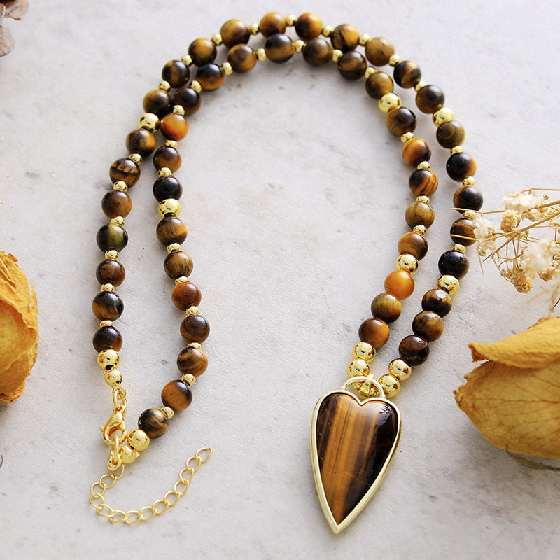 WT-N1487 High Quality Unique Design Hand Strand Round Stone Beads Necklace With Long Heart Pendant in 18 Inch Long