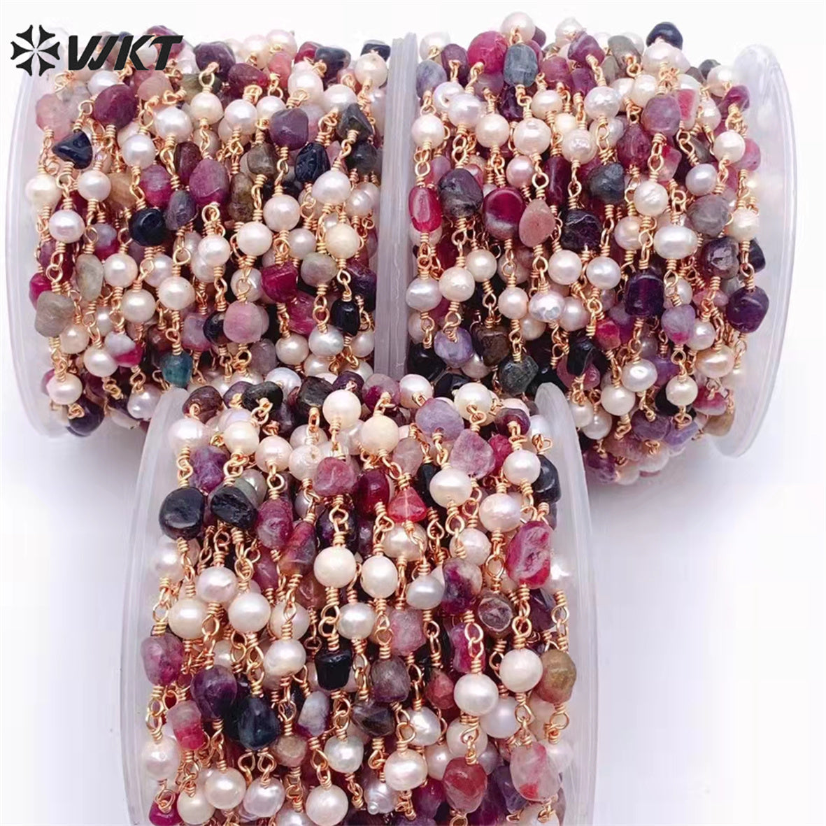 WT-RBC208 Wholesale Fashion Gold Electroplated Colorful Natural Tourmaline Beads Chain Handmade Stone Made Rosary Beads Chain