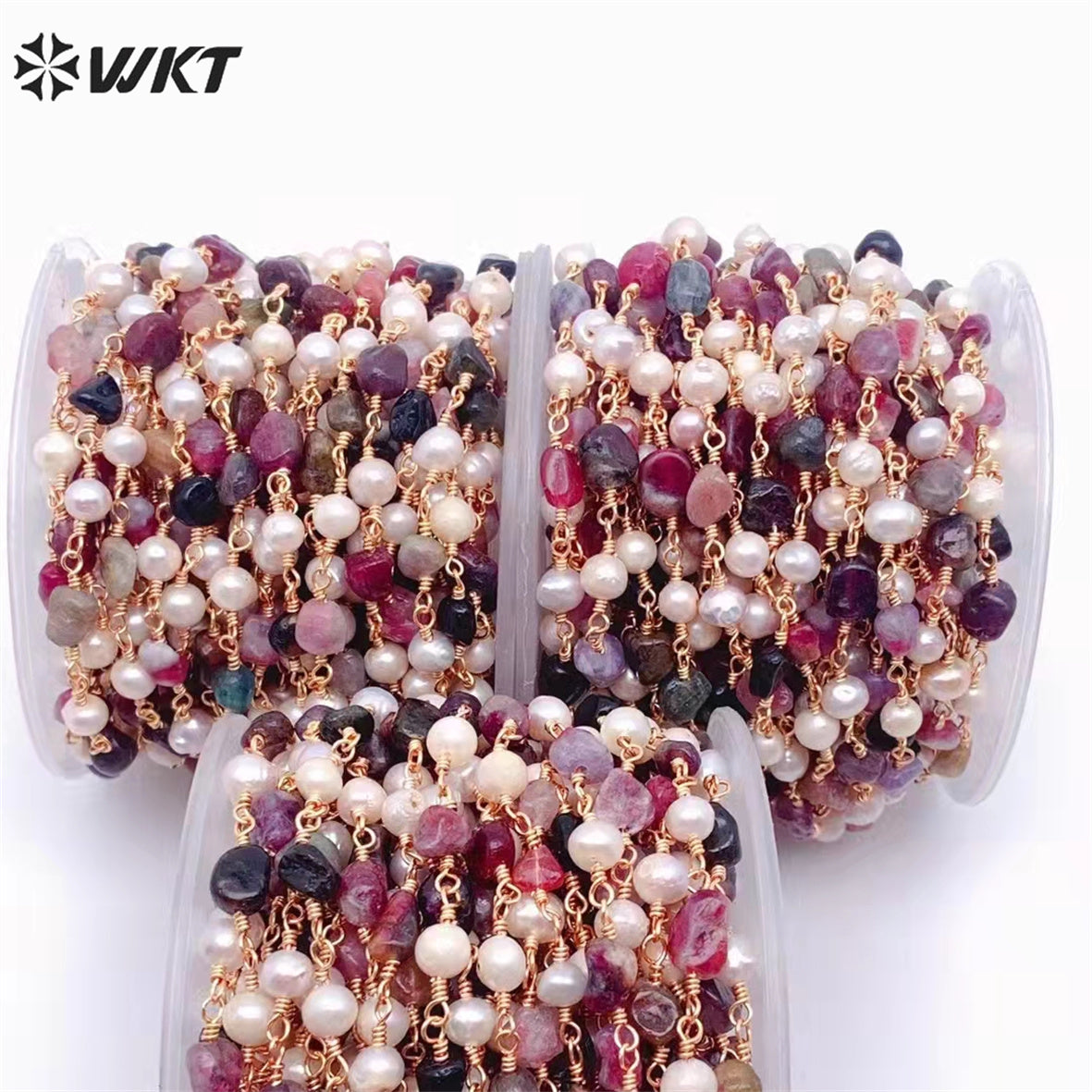 WT-RBC208 Wholesale Fashion Gold Electroplated Colorful Natural Tourmaline Beads Chain Handmade Stone Made Rosary Beads Chain