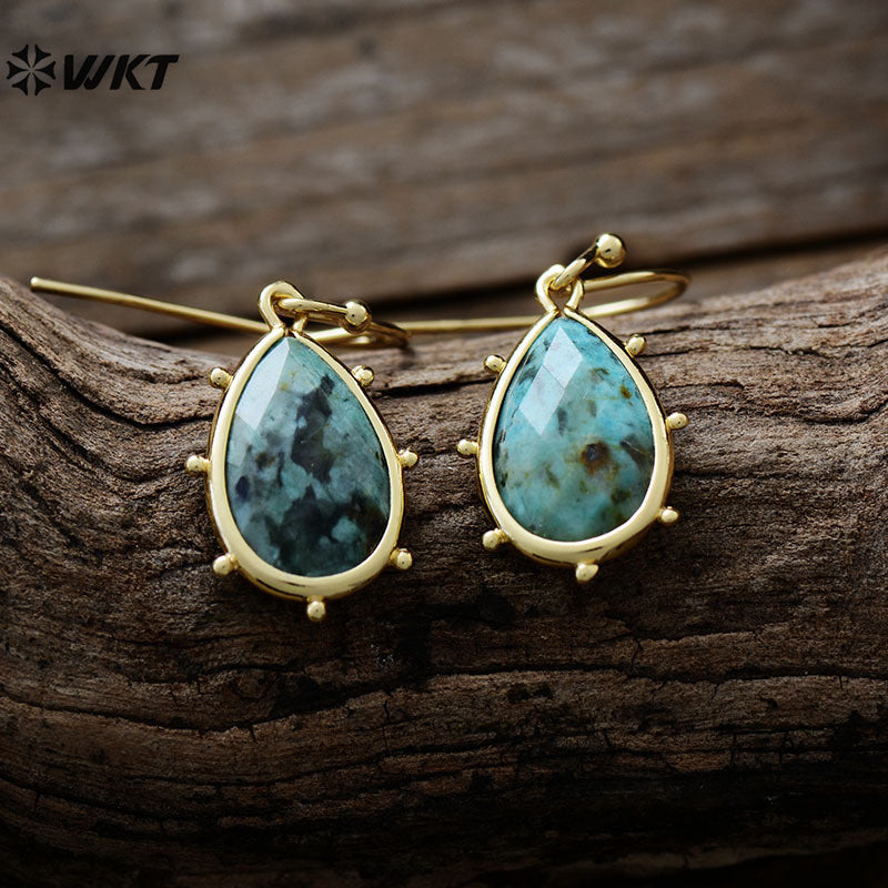 WT-E782 Wholesale Ladies Jewelry Gold Plated With Natural Gemstones African Turquoise Stone Earrings Water Drop Shape Design