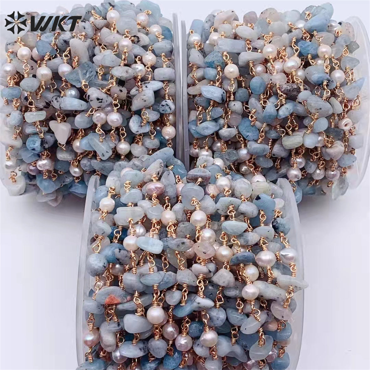 WT-RBC208 Wholesale Fashion Gold Electroplated Colorful Natural Tourmaline Beads Chain Handmade Stone Made Rosary Beads Chain