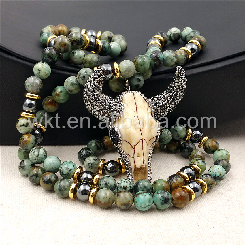 WT-N858 Wholesale 32" Beads Cattle Necklace Design Jewelry,8mm Africa Turquoise Beads Cattle Necklace Charm Rhinestone Paved