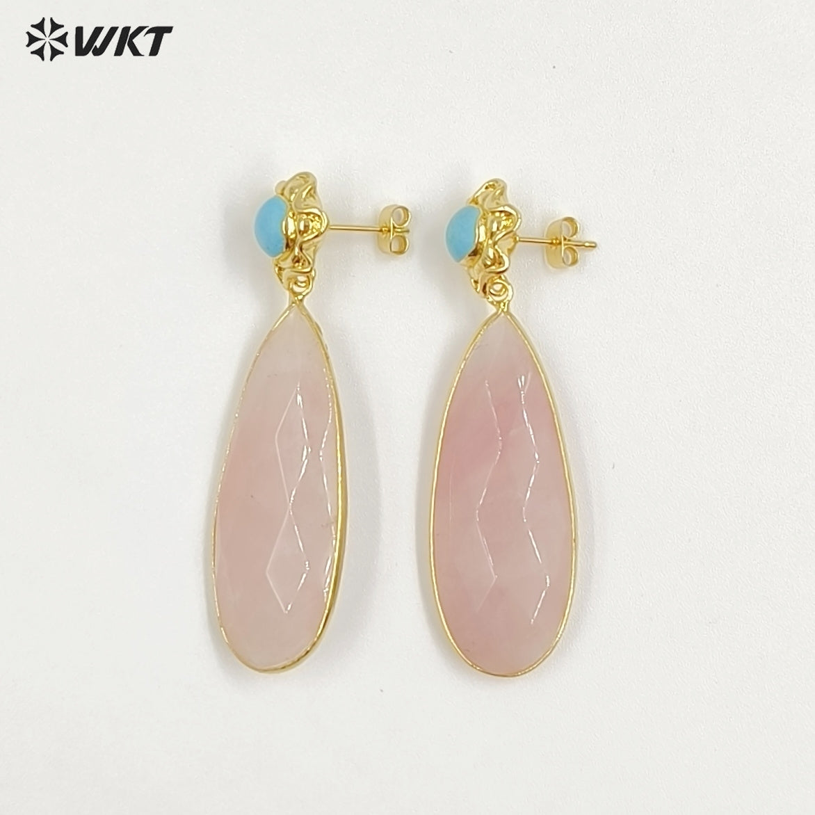 WT-E792 New Design Gold Plated Natural Small Gemstones And Pink Crystal Long Waterdrop Shape Earrings As Women Romantic Gift