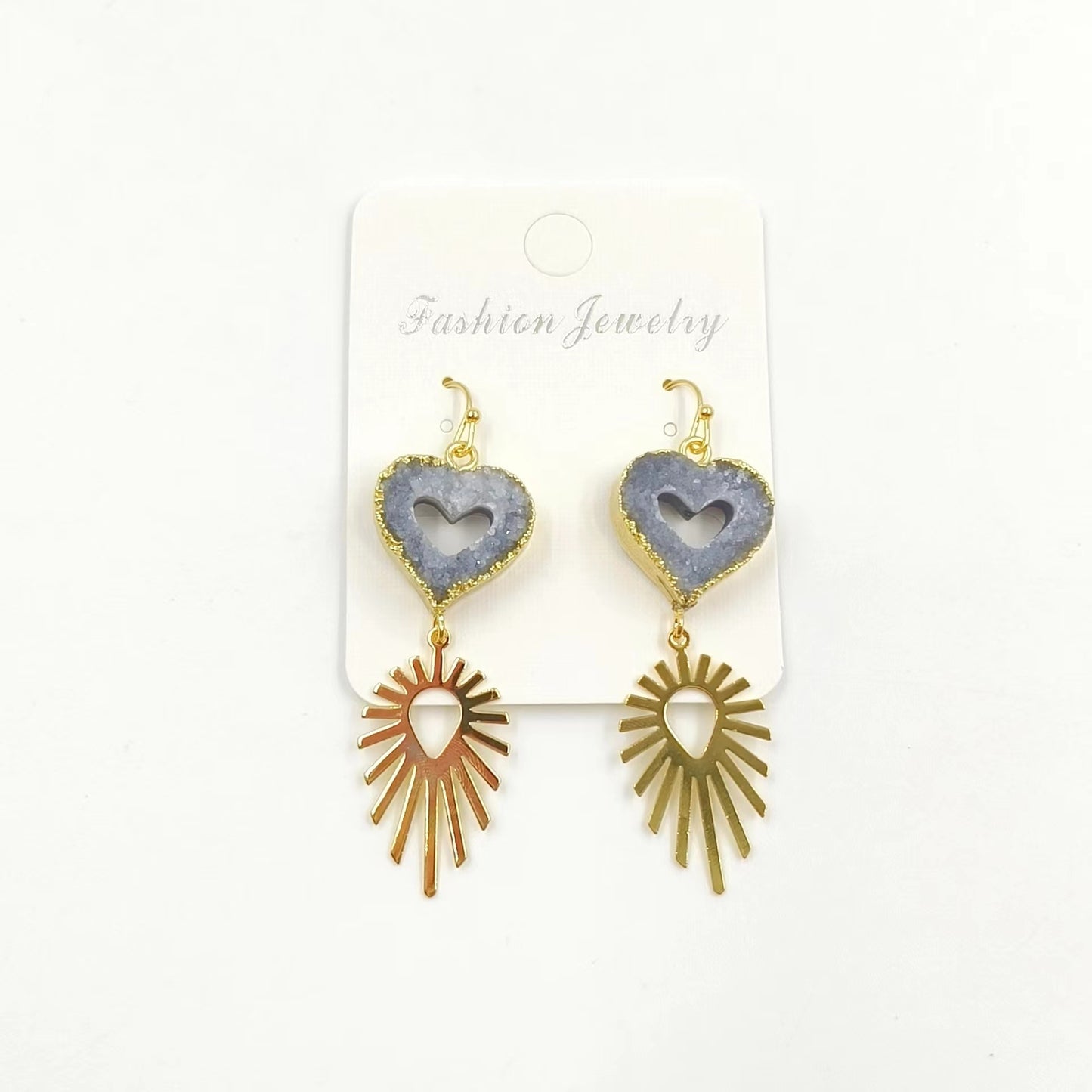 WT-E747 Wholesale Fashion New 18k Gold Plated Hollow Design Lovely Druzy Quartz Made Heart and Leaf Stone Earrings