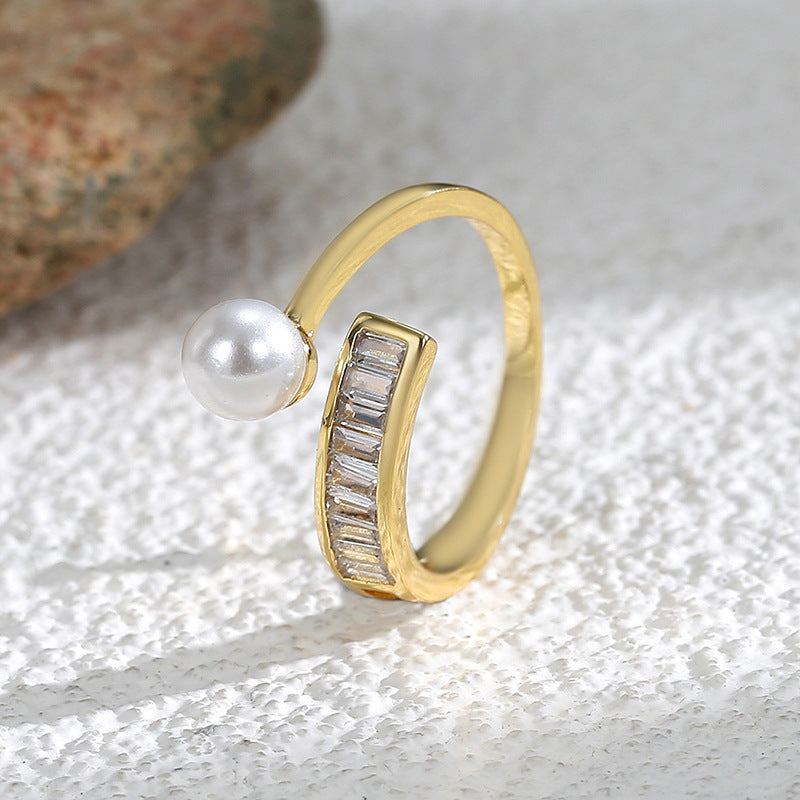 WT-MR045 Wholesale Popular Fashion Gold Plated Freshwater Pearl And Zircon Adjustable Rings For Ladies Daily Matching