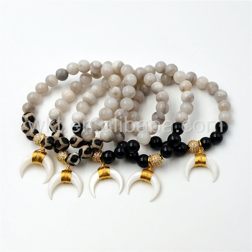 WT-B270 Genuine Natural Crescent Shell Horn Charm Grey Agate Beads Bracelet,Wire Wrapped Shell Bead Bracelet