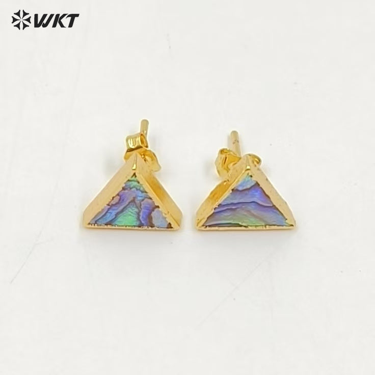 WT-E170 Wholesale Natural Abalone Shell Studs in 18k Real Gold Plated Resist Tarnished Lady Triangle Studs