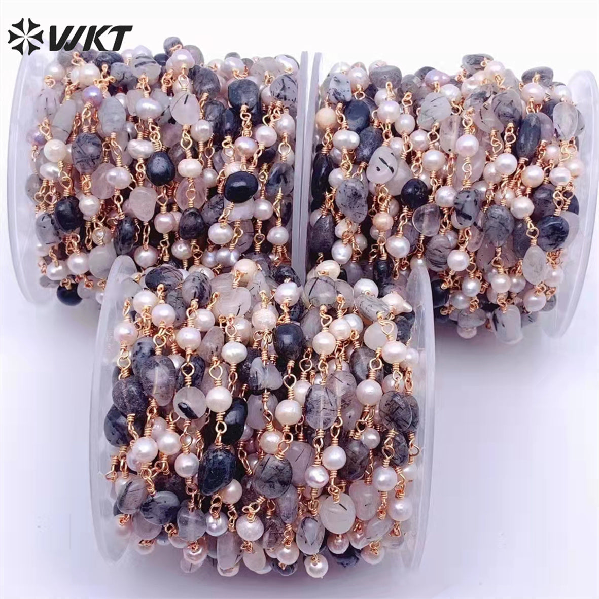 WT-RBC208 Wholesale Fashion Gold Electroplated Colorful Natural Tourmaline Beads Chain Handmade Stone Made Rosary Beads Chain