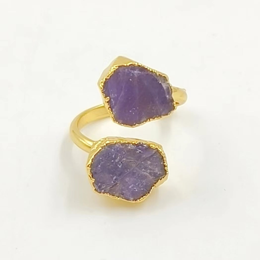 WT-R506 WKT Exclusive Design Double Natural Raw Gemstone Ring Women 18k Gold Plated Quartz Stone Birthday Gift