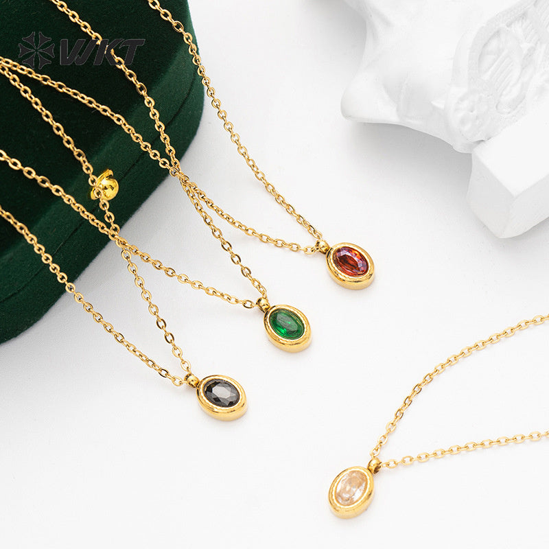 WT-REN034 Emerald Zirconium Pendant Necklace Oval Geometric French Black Zirconium Clavicle Chain Stainless Steel Necklace