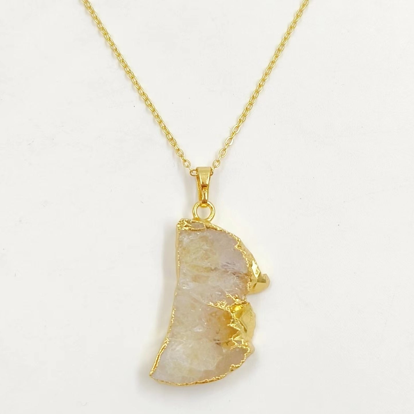 WT-N1300 Amazing Celestial Natural Slice Amethyst Moon Necklace Lady Gold Trim Half Moon Druzy Crescent Amethyst Necklace