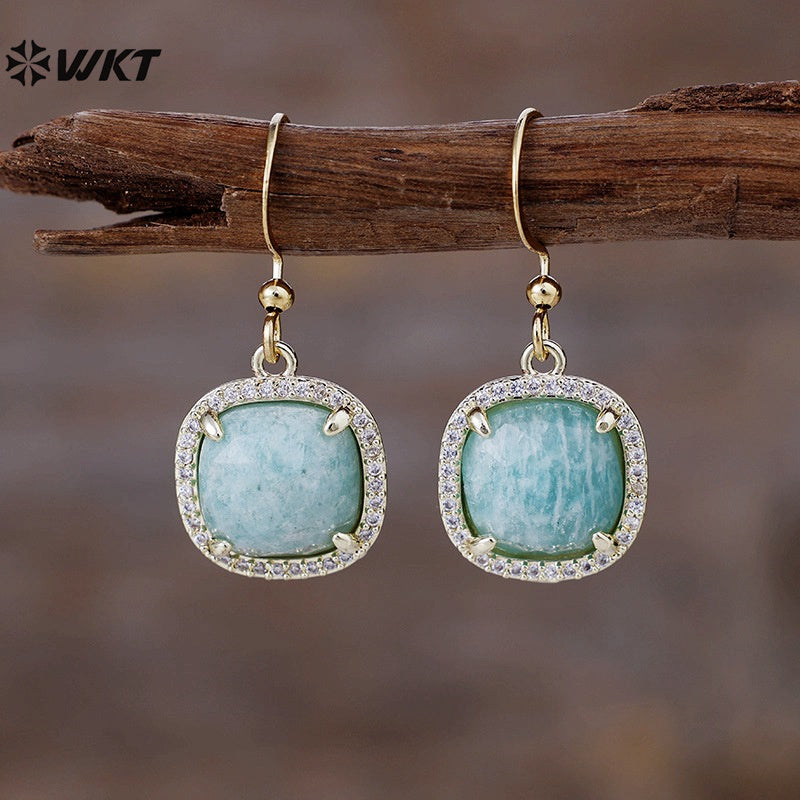 WT-E781 Porcelain High Quality Gemstones Women Earrings Natural Amethyst Amazonite Stone Square Shape For Birthday Gift