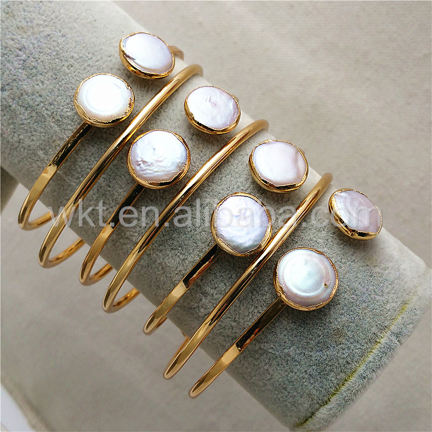 WT-B272 Amazing Elegant Pearl Shell Bracelet,Wholesale 24k Real Gold Plated Double Stone Round Pearl Shell Bracelet for Women