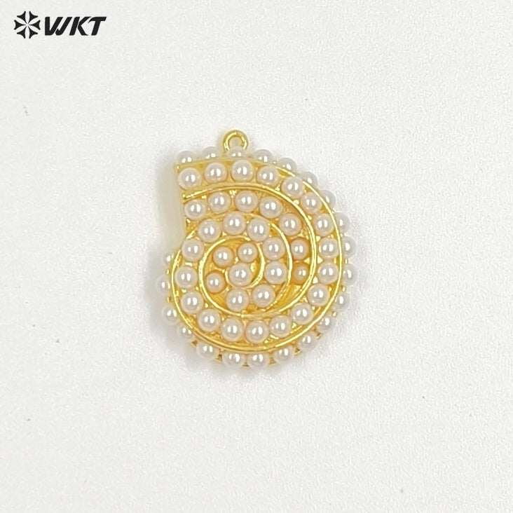 WT-MP314 Popular Sales Marine Animal Series Whorl Shape Gold Plated Brass With Artificial Pearl Lovely Pendant Jewelry Accessory