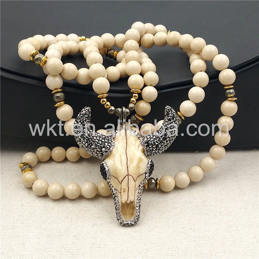 WT-N859 Fashion 8mm Cream Stone Beads Buffalo Head Necklace ,32" Beads Resin Buffalo Head Necklace in High Quality