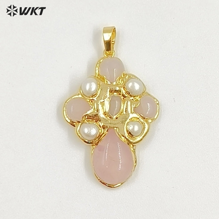 WT-JP384 Specially Designed Religious Unisexual 18K Gold Plated Cross Shaped Pearl and Turquoise Pendant As Daily Decoration
