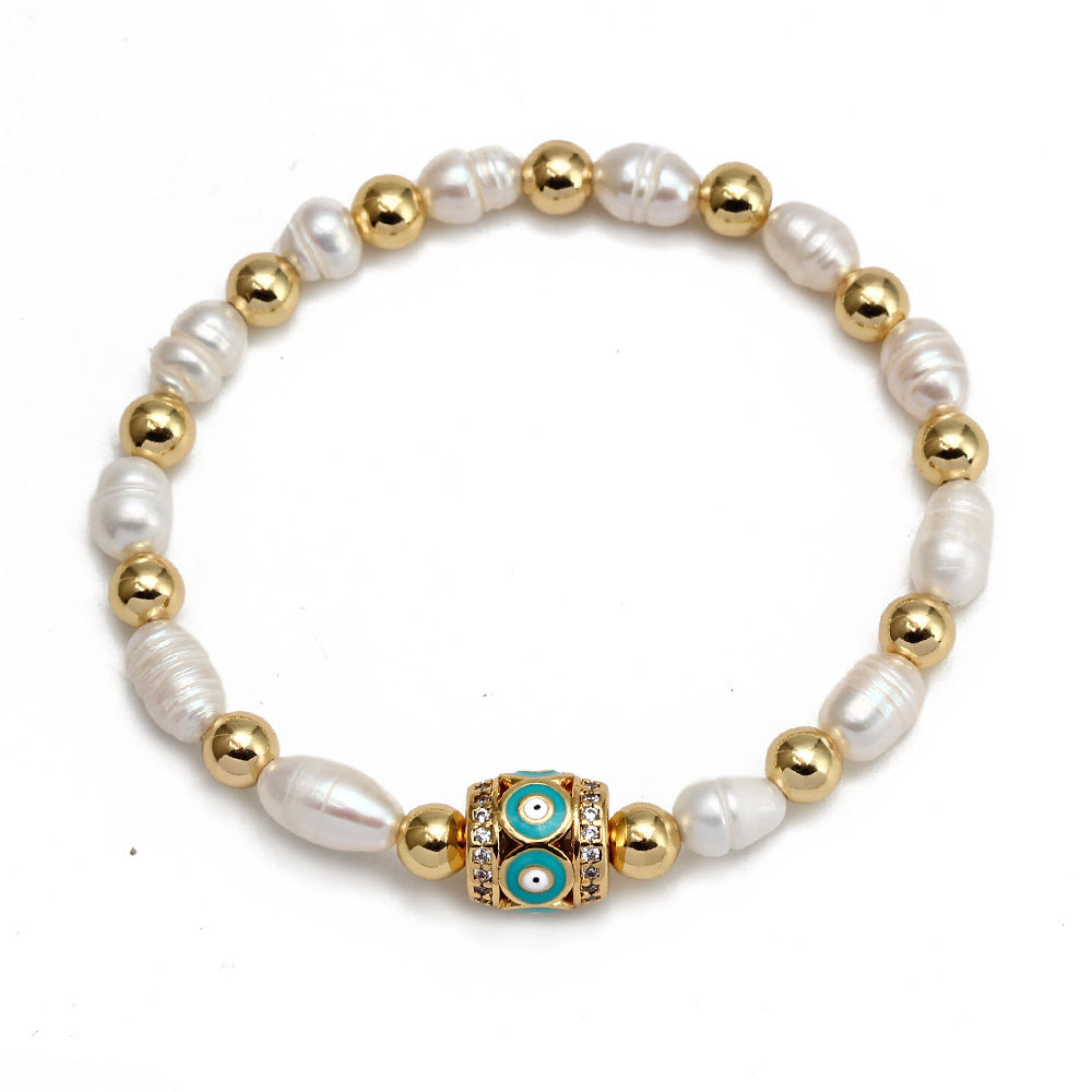 WT-MB123 Gorgeous Enamel Beads Women Bracelets Charming Natural Rice Pearl Beads Strand Bracelet with Turkey Eye Charms