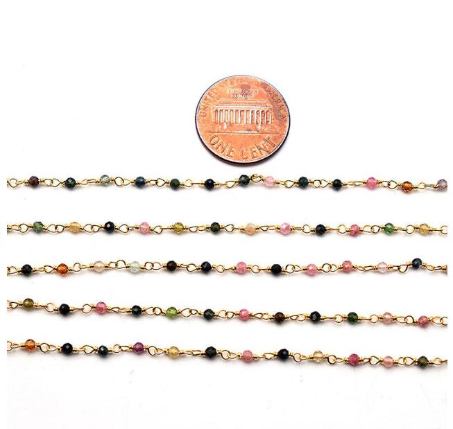 WT-RBC190 Wholesale Fashion Gold Electroplated Colorful Natural Tourmaline Beads Chain Handmade Stone Made Rosary Beads Chain