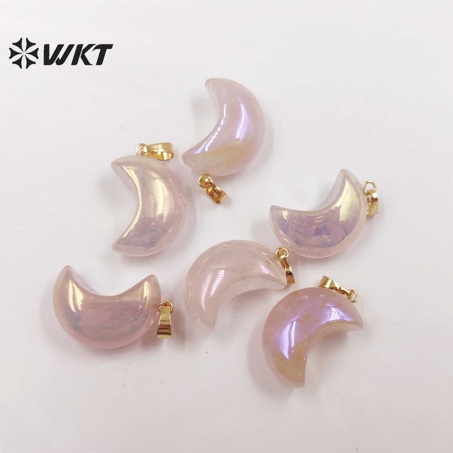 WT-P1826 WKT Newest Fashion Aura Rose Quartz Moon Stone Pendant Lady Small Size Natural pink Stone Moon Necklace Pendant