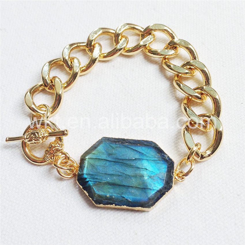 WT-B247 Wholesale High Quality Sparkly Labradorite Stone Bracelet in 24k Real Gold Plated