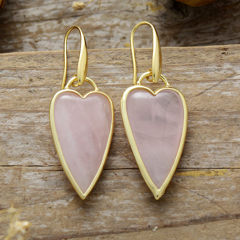WT-E784 Lovely Design Gold Plated Earrings With Natural Rose Quartz Stone Heart Shape Fashion Ladies Jewelry Wholesale