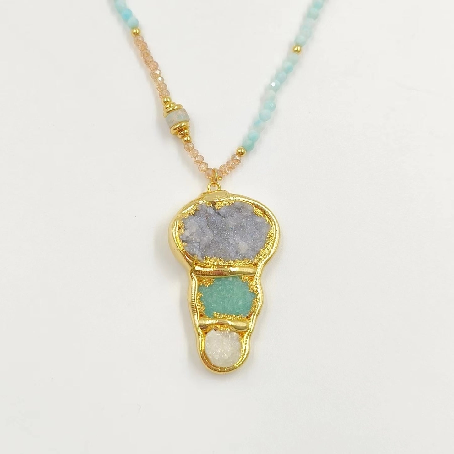 WT-N1452 Amazing Flame Color 3mm Beads Hand Strand With Natural Druzy Quartz Stone Pendant Fashion Boho Women Necklace